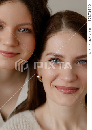 Mother Daughter Happiness. Closeup Shot Capturing Loving Mother And Daughter Interaction 137873440