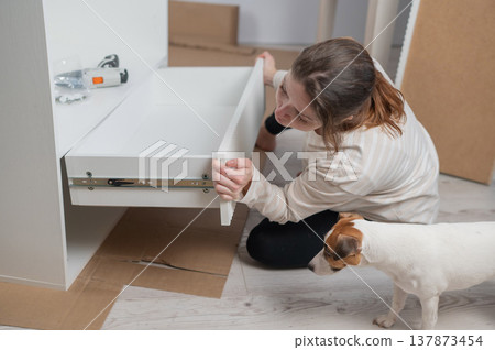 A Caucasian woman assembles furniture with her cute dog. 137873454