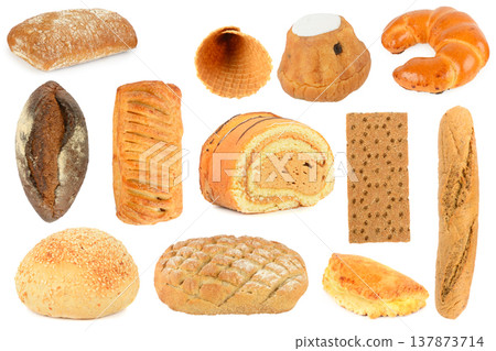 Assorted Fresh Bakery Products Isolated on White Background Assorted Fresh Bakery Products Isolated on White Background 137873714