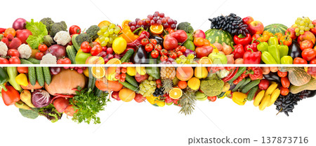 Wide composition of bright fruits, vegetables and berries isolated on white Wide composition of bright fruits, vegetables and berries isolated on white 137873716