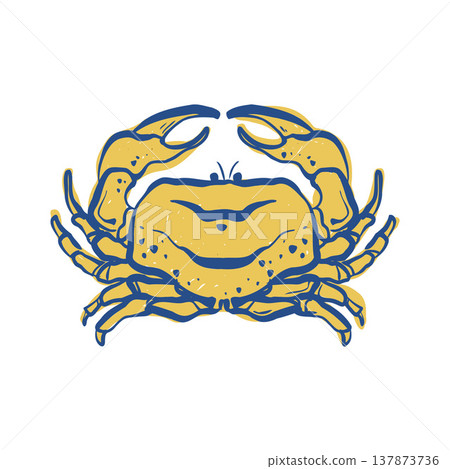 Vector flat sketch illustration of a crab on a white background. Clipart of a sea crab in blue and yellow. Seafood Vector flat sketch illustration of a crab on a white background. Clipart of a sea crab in blue and yellow. Seafood 137873736