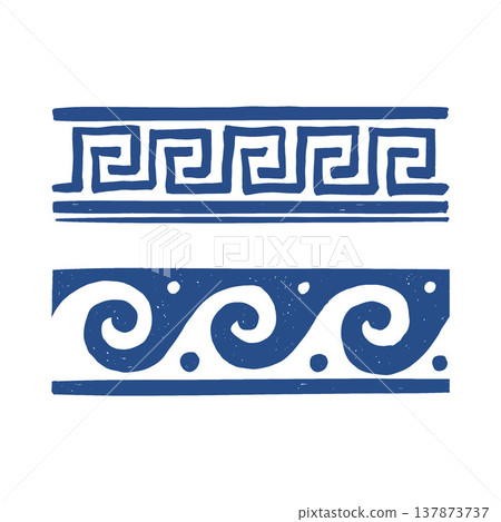 Seamless border in the style of Greek doodles in blue. Hand-drawn Roman ornament. Wave and geometric pattern in a graphic sketch style. Hand-drawn Greek ethnic repeating stripe. Vector illustration Seamless border in the style of Greek doodles in blue. Hand-drawn Roman ornament. Wave and geometric pattern in a graphic sketch style. Hand-drawn Greek ethnic repeating stripe. Vector illustration 137873737