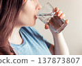 Woman drinks clean water. World Water Day. Health care concept. Diet and detox, increase metabolism. 137873807
