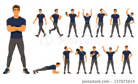 Fitness man character set workout pose Fitness man character set workout pose 137873814