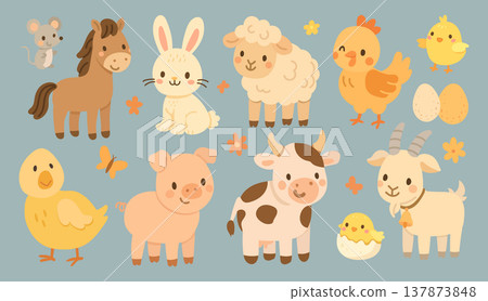 Animal cow animals with farm cute sheep and lamb chicken pig. Cartoon goat horse with sticker animal farmyard and bird bunny mother. Bull baby animal with vector duck farm and cow hen cute Animal cow animals with farm cute sheep and lamb chicken pig. Cartoon goat horse with sticker animal farmyard and bird bunny mother. Bull baby animal with vector duck farm and cow hen cute 137873848