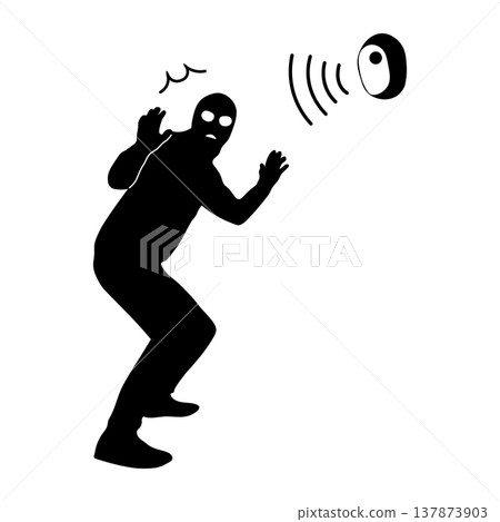 Silhouette illustration of a thief surprised by a sensor reaction. Silhouette illustration of a thief surprised by a sensor reaction. 137873903