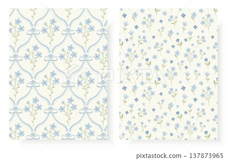 Collection of two delicate seamless floral patterns. Features blue forget me not flowers, buds, green leaves, bows, and elegant damask lines. Shabby chic vintage vector for nursery and baby shower. 137873965