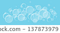 Transparent White Soap Bubbles on Blue Background. Abstract Fresh Water Air Foam Texture, Vector Illustration. Clean Light Floating Circles, Minimal Sky Banner Design. Hygiene, Freshness. Spa Concept 137873979