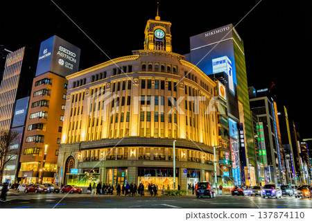 A night view of the Ginza area in Chuo Ward, Tokyo, near the Ginza 4-chome intersection. A night view of the Ginza area in Chuo Ward, Tokyo, near the Ginza 4-chome intersection. 137874110