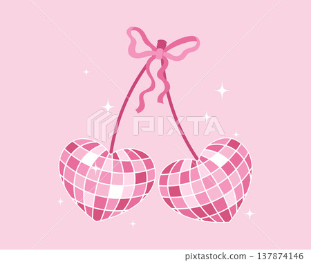 Pink Heart Disco Balls with Ribbon Bow. Heart shaped cherries with bow. Illustration. Pink Heart Disco Balls with Ribbon Bow. Heart shaped cherries with bow. Illustration. 137874146