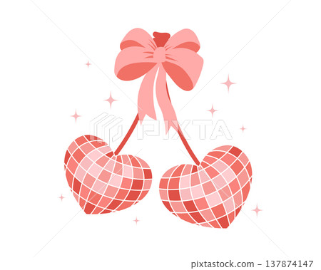 Pink Heart Disco Balls with Ribbon Bow. Heart shaped cherries with bow. Illustration. 137874147