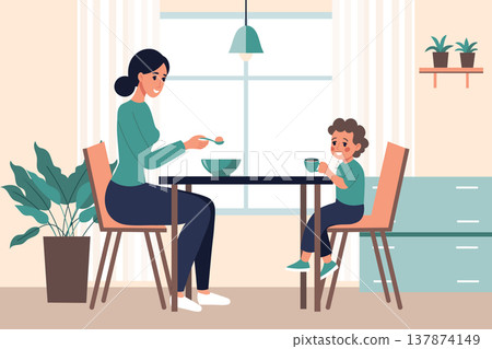 Mother feeding child. Mother and son having breakfast together at home. Illustration. Mother feeding child. Mother and son having breakfast together at home. Illustration. 137874149