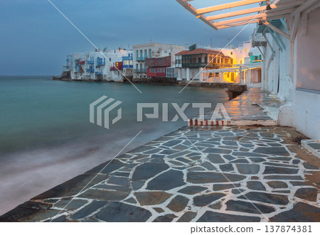 Little Venice waterfront at blue hour in Mykonos Greece Little Venice waterfront at blue hour in Mykonos Greece 137874381