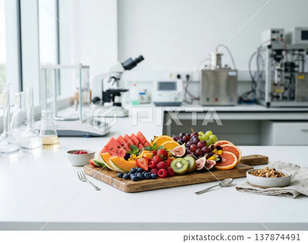 Assortment of fresh fruits on wooden board in a laboratory setting with scientific equipment, healthy food research concept, fruit assortment 137874491