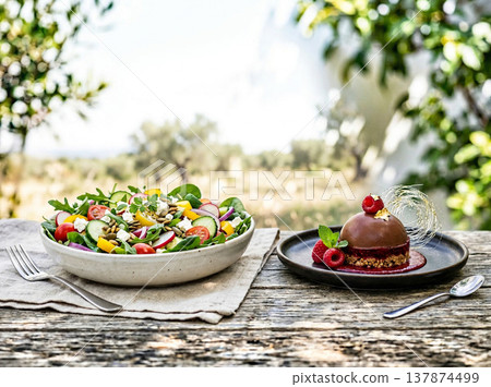 Outdoor table setting with salad bowl, chocolate dessert, and rustic landscape background, chocolate cake 137874499