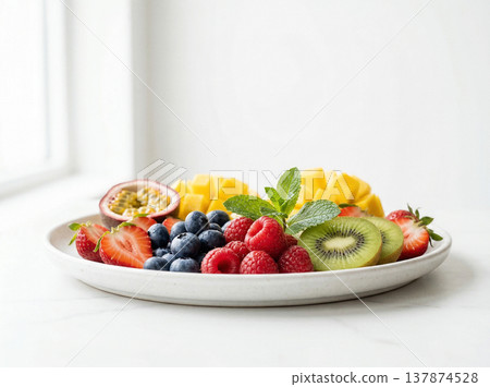 Close-up of a fruit bowl with mango, blueberries, raspberries, kiwi, and passion fruit, food photography Close-up of a fruit bowl with mango, blueberries, raspberries, kiwi, and passion fruit, food photography 137874528
