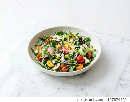 Mixed green salad with cherry tomatoes, cucumber, and feta cheese in a white bowl, healthy eating concept, mixed greens 137874531
