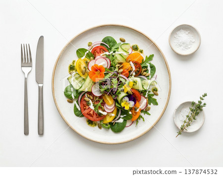 Gourmet garden salad with edible flowers and microgreens, top view with cutlery and salt, elegant dining presentation, food presentation 137874532