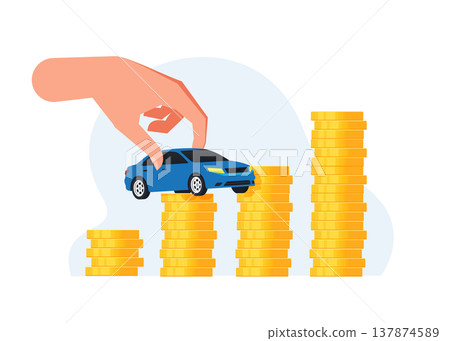 Concept of saving money to buy a car or exchanging a car for cash, stock illustration. Concept of saving money to buy a car or exchanging a car for cash, stock illustration. 137874589