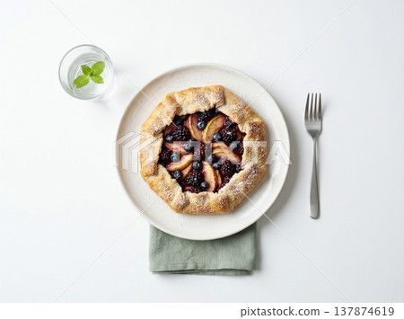 Delicious rustic fruit galette with berries and sliced fruit on a white plate with water with flat lay Delicious rustic fruit galette with berries and sliced fruit on a white plate with water with flat lay 137874619