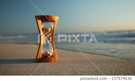 A wooden hourglass standing on the beach at dusk | A scene symbolizing the passage of time and life (copy space available) A wooden hourglass standing on the beach at dusk | A scene symbolizing the passage of time and life (copy space available) 137874636