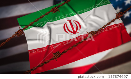 Iran Flag Behind Barbed Wire With Blurred United States Flag Background Political Conflict Concept 3d render. Iran Flag Behind Barbed Wire With Blurred United States Flag Background Political Conflict Concept 3d render. 137874697