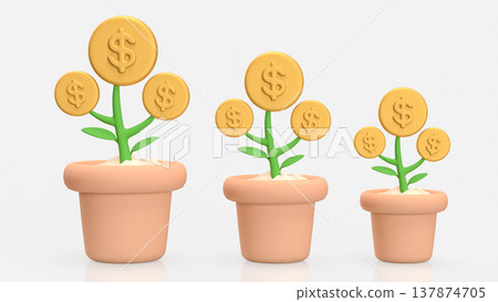 Money Tree Growth Concept With Dollar Coin Plants In Pots 3d render. Money Tree Growth Concept With Dollar Coin Plants In Pots 3d render. 137874705