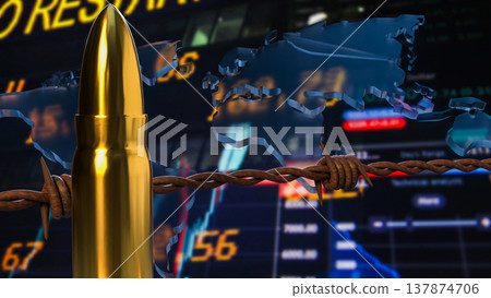 Global Conflict And Economic Crisis Concept With Bullets And World Map 3d render. Global Conflict And Economic Crisis Concept With Bullets And World Map 3d render. 137874706