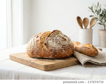 Crusty sourdough bread loaf on wooden board with baguette and napkin with baked goods Crusty sourdough bread loaf on wooden board with baguette and napkin with baked goods 137874710