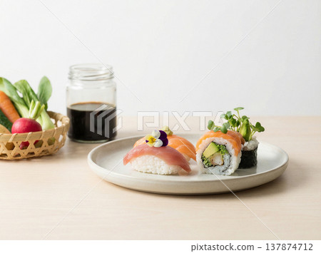 Gourmet sushi and roll platter with soy sauce and salad with japanese food Gourmet sushi and roll platter with soy sauce and salad with japanese food 137874712