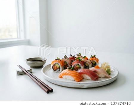 Assortment of sushi and rolls on white plate with chopsticks with japanese food 137874713