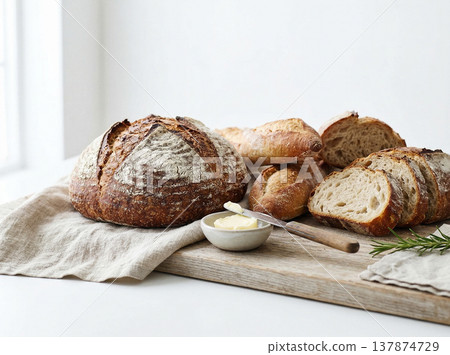 Artisan sourdough bread loaves with butter on a linen cloth and rustic wooden board with baked bread 137874729