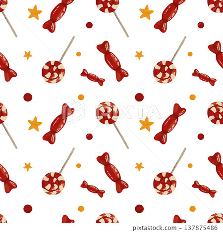 A festive seamless pattern with a lollipop, candy, confetti. In flat style. Watercolor, pastel, gouache. In red tones. Design element for products, prints, textiles, wallpapers printing A festive seamless pattern with a lollipop, candy, confetti. In flat style. Watercolor, pastel, gouache. In red tones. Design element for products, prints, textiles, wallpapers printing 137875486