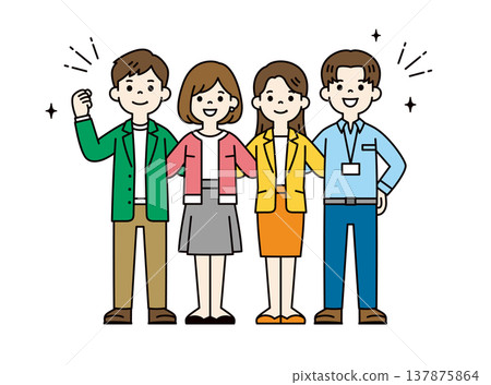 Full-body vector illustration of several young business people working together as a team, smiling and with their arms around each other's shoulders. Full-body vector illustration of several young business people working together as a team, smiling and with their arms around each other's shoulders. 137875864