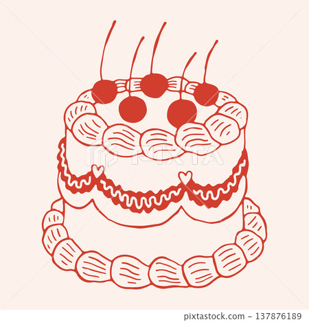 Hand drawn vector illustration of a whole tiered cake decorated with cream piping and cherries. Minimalist red line art of festive birthday or wedding cake for bakery branding and celebration design Hand drawn vector illustration of a whole tiered cake decorated with cream piping and cherries. Minimalist red line art of festive birthday or wedding cake for bakery branding and celebration design 137876189