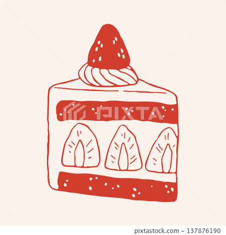 Vector illustration of a delicious strawberry layer cake slice with cream and fruit. Hand drawn red line art of gourmet sponge cake piece for bakery branding and dessert menu cards design 137876190