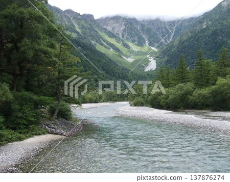 The Hotaka mountain range in early summer as seen from Kappa Bridge The Hotaka mountain range in early summer as seen from Kappa Bridge 137876274
