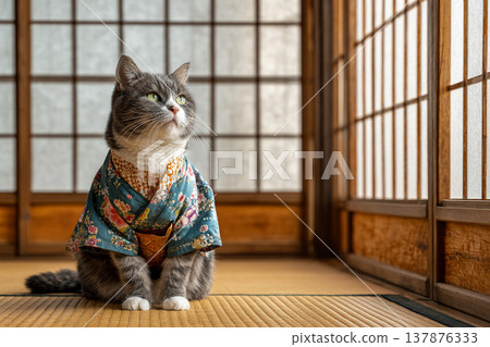 A cat wearing a kimono in a Japanese-style room | Image of Japanese culture and Japanese lifestyle (with space for copy) A cat wearing a kimono in a Japanese-style room | Image of Japanese culture and Japanese lifestyle (with space for copy) 137876333