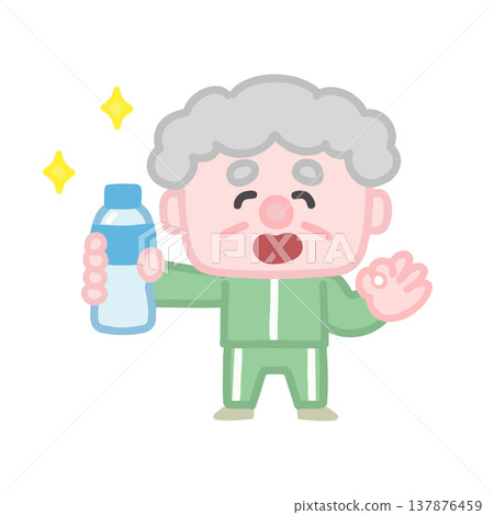 一組可愛的插圖，描繪了穿著運動服鍛鍊的老年男性。 137876459