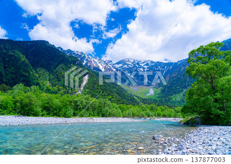 [Spectacular Scenery] Early Summer in Kamikochi: The lush greenery of the Hotaka mountain range and the Azusa River [Nagano Prefecture] 137877003