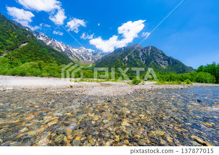 【壯麗景色】上高地初夏:穗高山脈和梓川的蔥鬱綠意【長野縣】 【壯麗景色】上高地初夏:穗高山脈和梓川的蔥鬱綠意【長野縣】 137877015