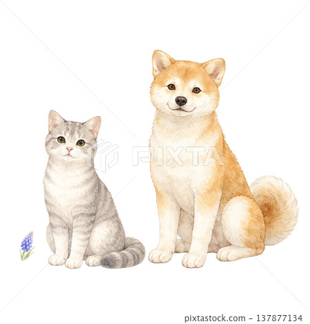 可愛的水彩插畫，描繪了狗、貓、寵物和動物。 137877134