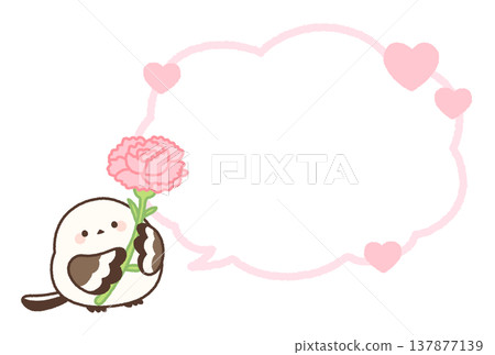 A speech bubble (without text) of a long-tailed tit holding a carnation for Mother's Day. 137877139