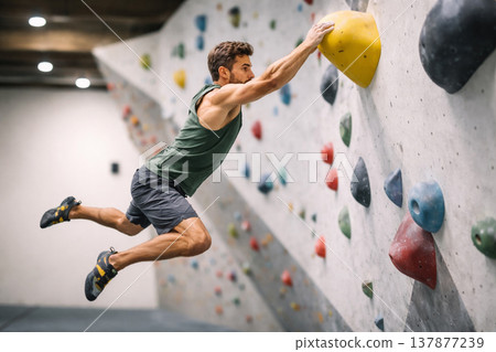 AI generated athlete climber jumping dynamically to next hold on indoor bouldering wall capturing strength motion focus and determination in modern climbing gym environment 137877239