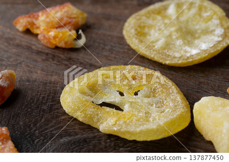 Close-ups of various types of dried fruit 137877450