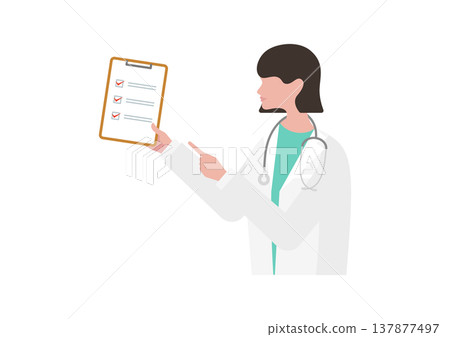 一位女醫生手持檢查清單的向量插圖（醫生面向左側） 137877497