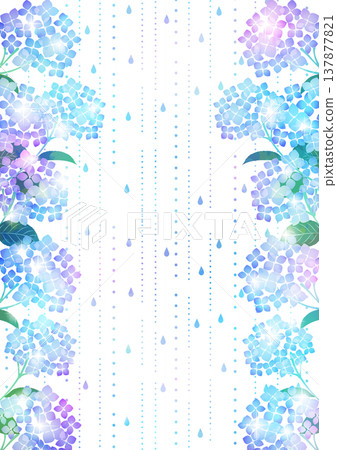 彩虹繡球花邊框插圖，可愛，雨季，六月，日式風格，背景，垂直版 137877821