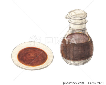 Soy sauce in a small dish and soy sauce dispenser - watercolor pencil illustration Soy sauce in a small dish and soy sauce dispenser - watercolor pencil illustration 137877979
