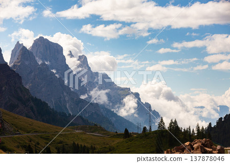 Wooden farm building on hillside in Dolomites. Wooden farm building on hillside in Dolomites. 137878046