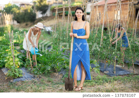 Girl near bed of greenhouse plants. Two garden plot workers are busy in background Girl near bed of greenhouse plants. Two garden plot workers are busy in background 137878107